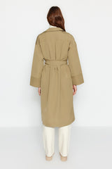 Beige Oversize Wide Cut Belted Sleeve Detailed Pockets Water Repellent Long Trench Coat Twoaw24tr000