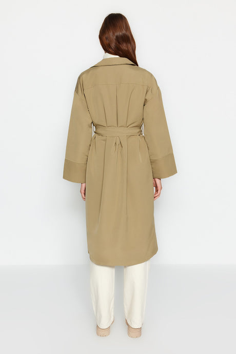 Beige Oversize Wide Cut Belted Sleeve Detailed Pockets Water Repellent Long Trench Coat Twoaw24tr000