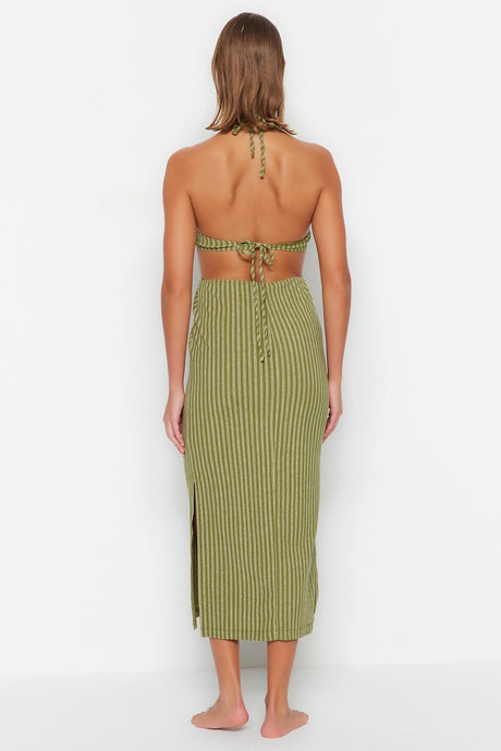 Green Striped Maxi Knitted Accessory Knitwear Look Beach Dress Tbess23el00066