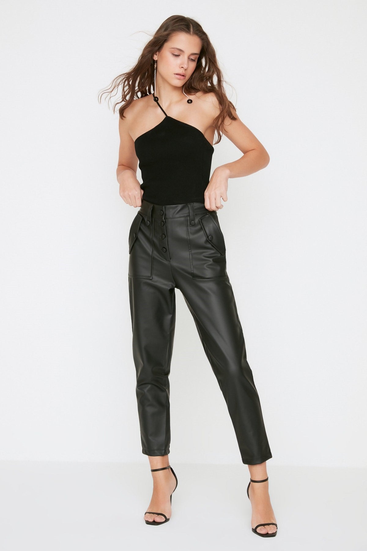 Black Carrot Woven Front Button Faux Leather Pants Twoaw22pl0083