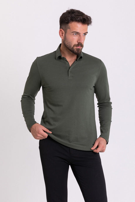 Solid Navy Color Slim Fit Long Sleeve Polo Collar Men's T-shirt 36672.21k