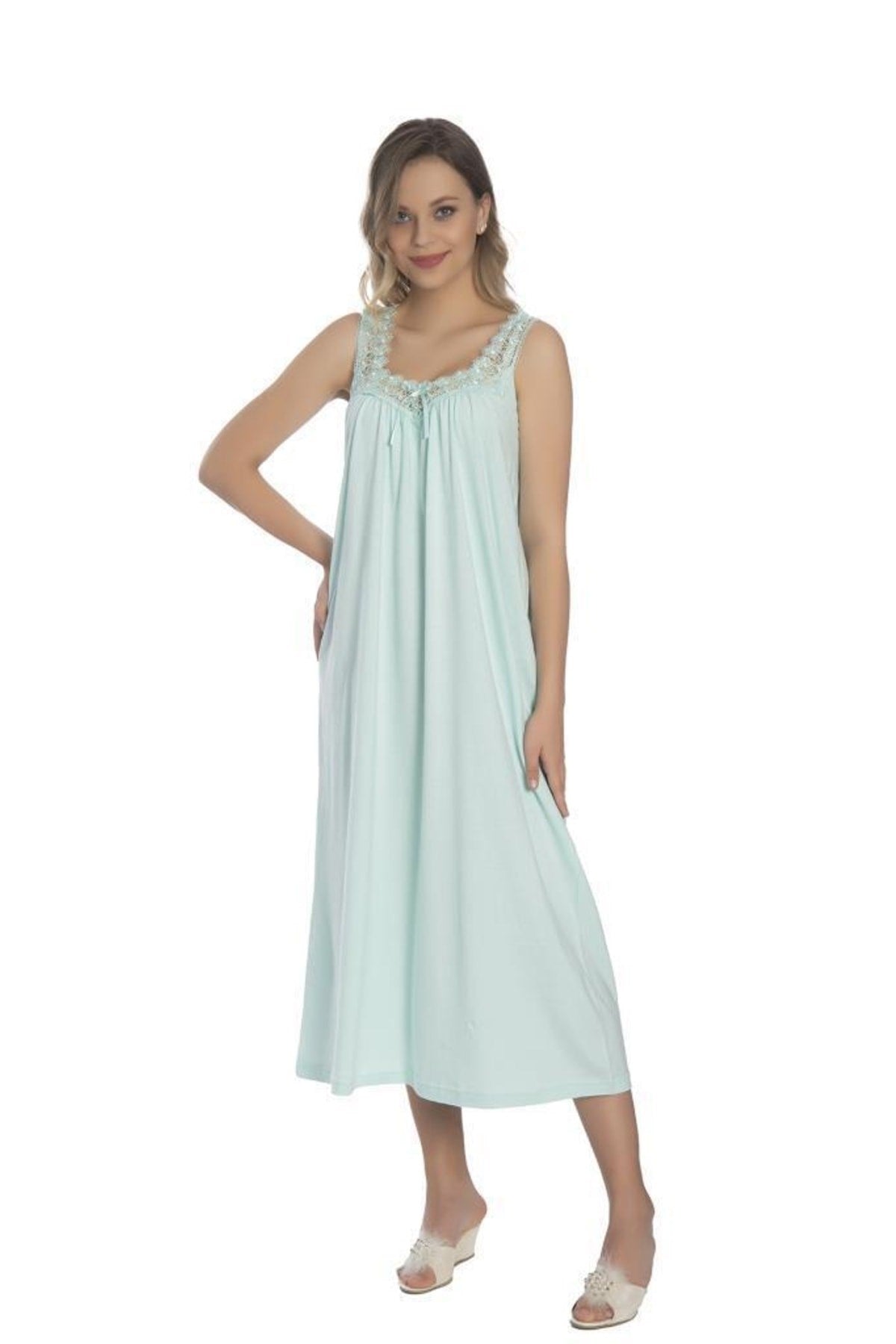 -dy 9010 Cotton Lace Strappy Combed Mom Women Nightgown Akla9010