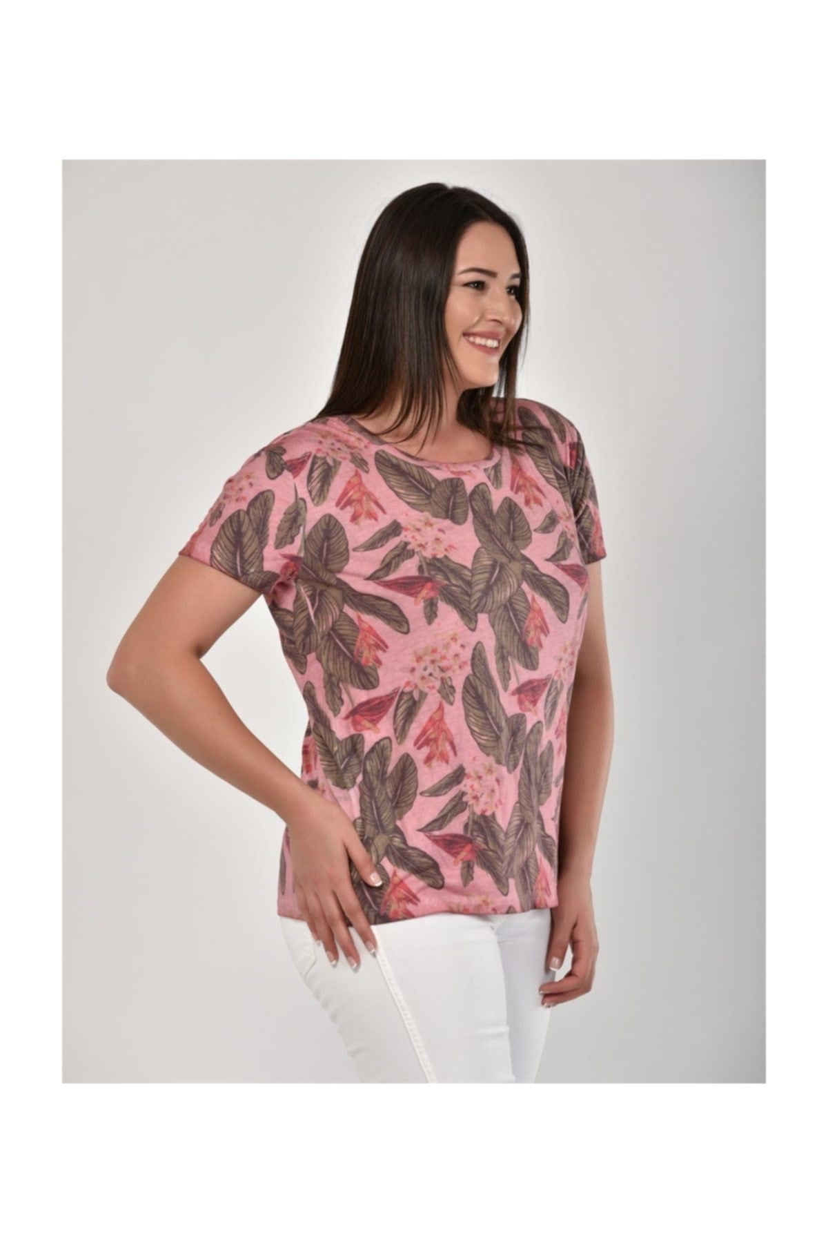 Leaf And Flower Printed Oil Wash T-shirt Light Pink Pra-493228-977244