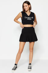 Black Pleated Mini Woven Skirt Twoaw23et00059