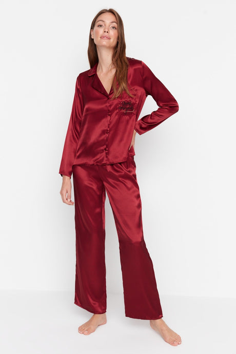 Burgundy Christmas Themed Embroidered Satin Shirt-pants Woven Pajama Set Thmaw22pt1145