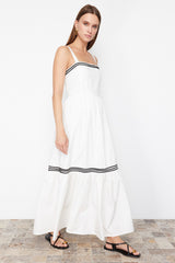 White Belted Black Stripe Accessory Detailed Maxi Woven Dress Twoss24el00798