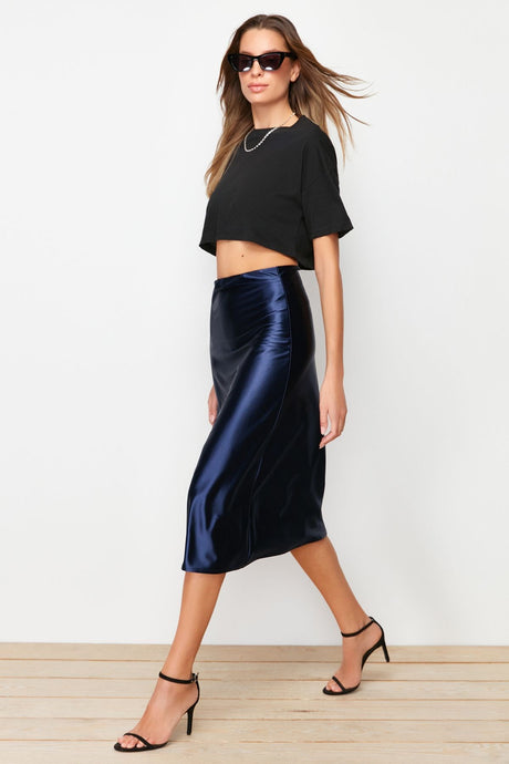 Indigo Premium Satin A Cut/bell Shape Midi Knit Skirt Twoaw24et00088