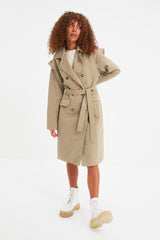 Beige Oversize Wide Cut Belted Water Repellent Long Trench Coat Twoaw22tr0010