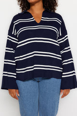 Navy Blue Striped Knitwear Sweater Tbbaw24an00013