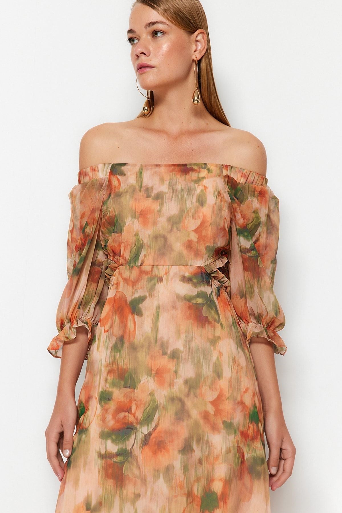 Orange Floral Carmen Collar A Cut/bell Form Chiffon Maxi Lined Woven Dress Twoss23el02422