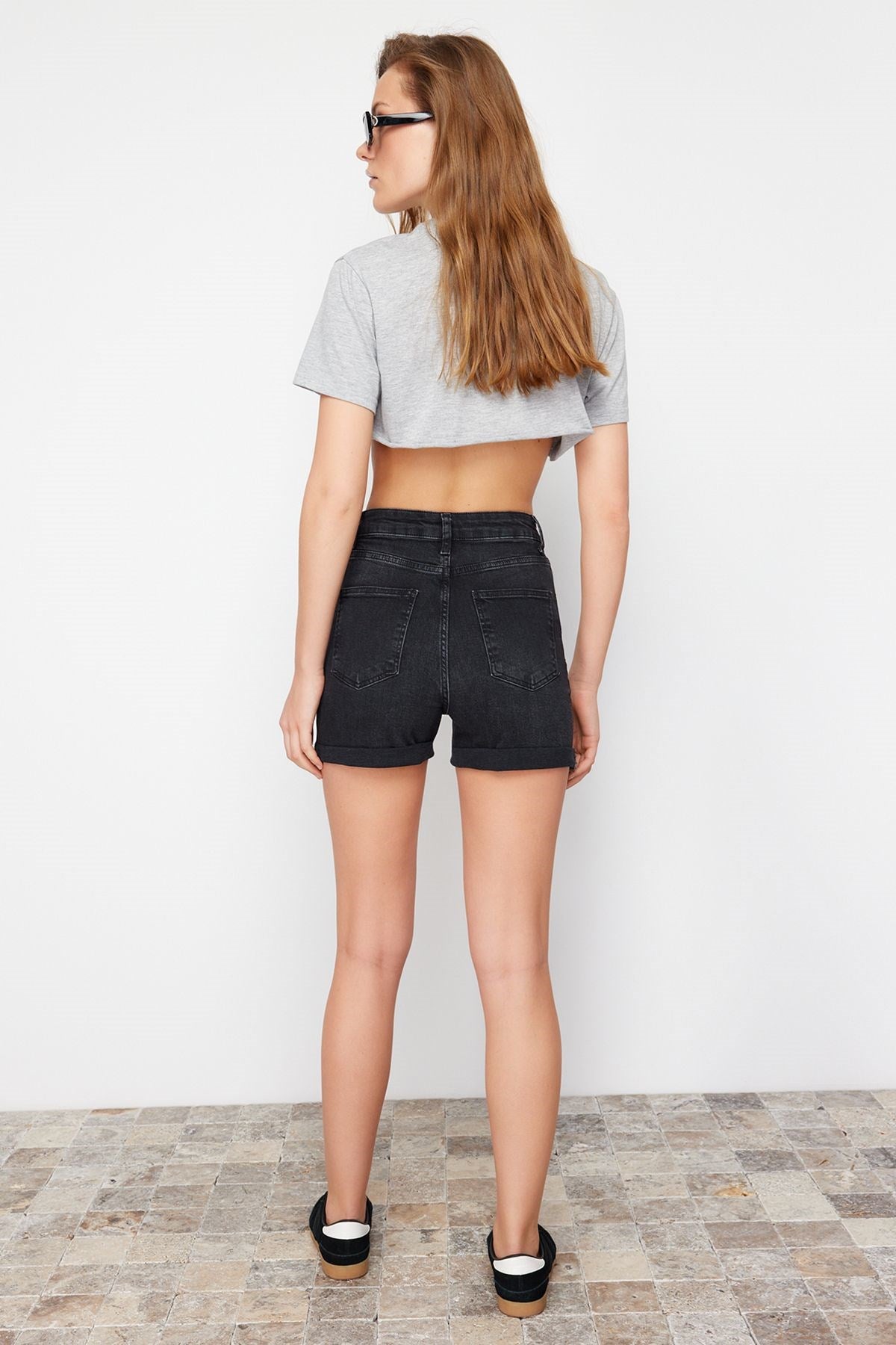 Black Leg Pleated Denim Shorts & Bermuda Twoss24sr00100