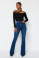 Black Front Buttoned High Waist Flare Jeans Twoss20je0111