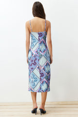 Blue Strappy Printed A Cut/bell Form Flexible Knitted Midi Pencil Dress Twoss24el00579