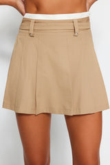 Beige Double Belt Detailed Pleated Mini Woven Skirt Twoaw24et00079