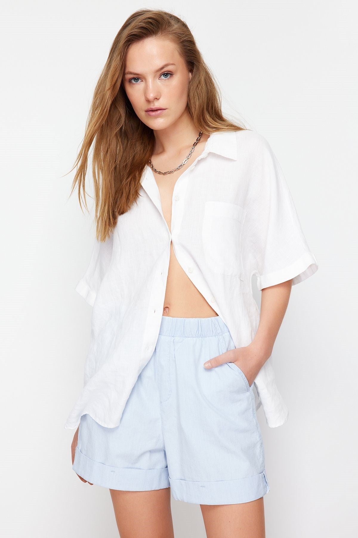 Light Blue Elastic Waist Chambre Denim Shorts & Bermuda Twoss24sr00078