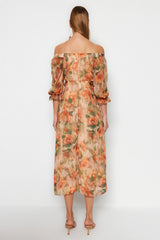 Orange Floral Carmen Collar A Cut/bell Form Chiffon Maxi Lined Woven Dress Twoss23el02422