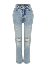 Blue Ripped Detailed High Waist Straight Jeans Twoss24je00178