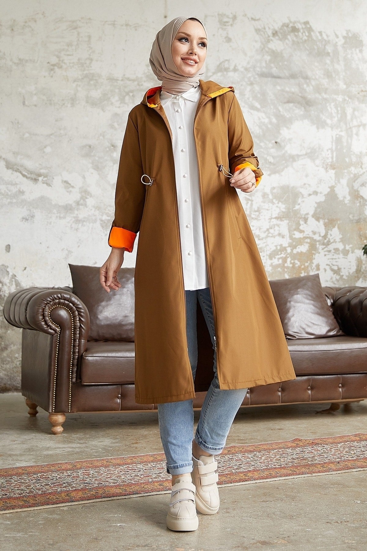 Neon Trench Hooded Sweatshirt At Waist - Taba\ Orange Ms00or12093