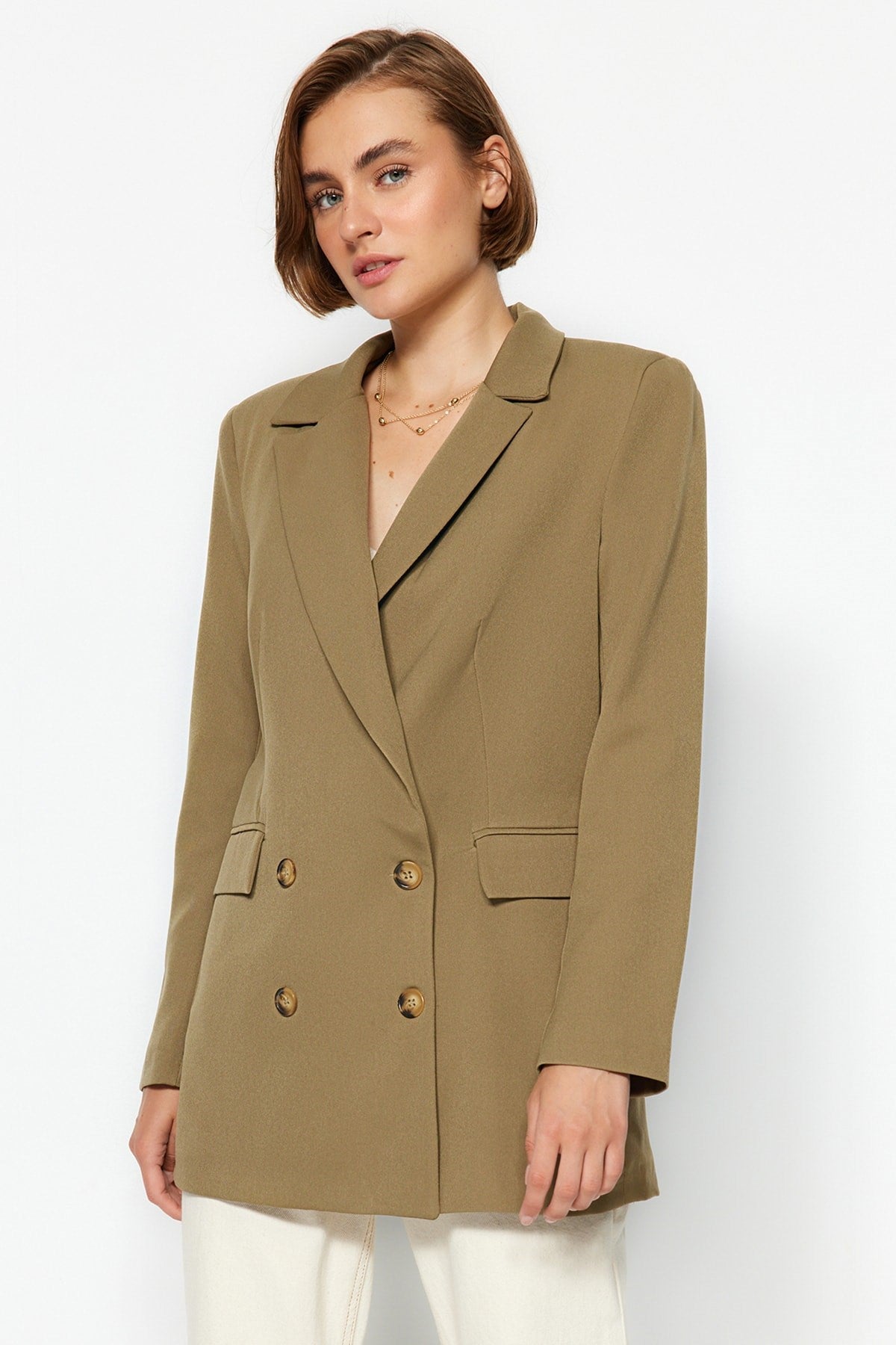 Open Khaki Oversize Lined Buttoned Woven Blazer Jacket Twoaw22ce0167