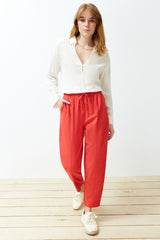 Red Waist Elastic Linen Blend Woven Pants Twoss24pl00144