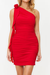 Red Draped Rose And Ruffle Chic Evening Dress Tprss24el00009