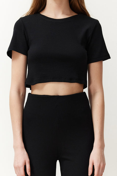 Black Crop Crew Neck Ribbed Stretch Knitted Blouse And Pants Bottom-top Suit Twoss21au0160