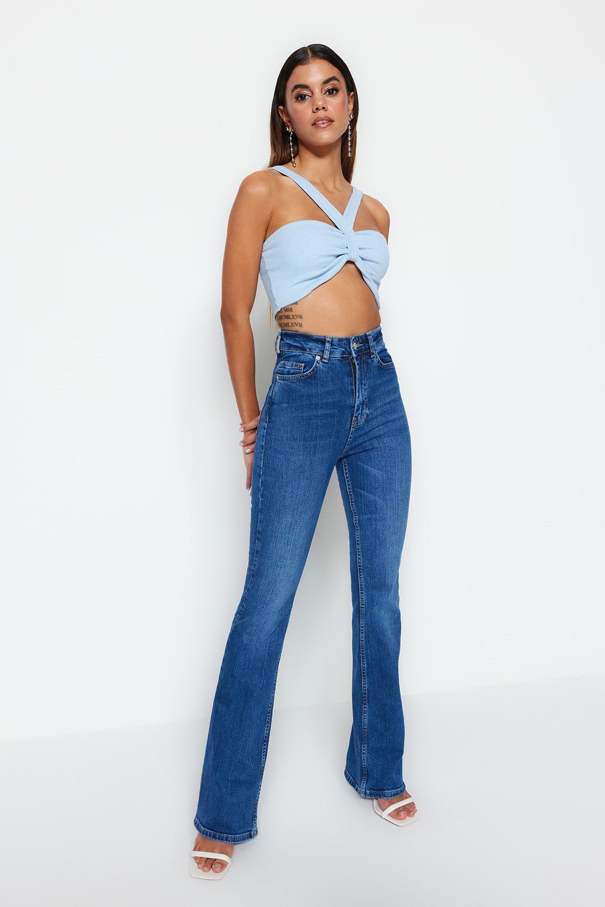 Dark Blue Super High Waist Flare Jeans Twoss23je00064