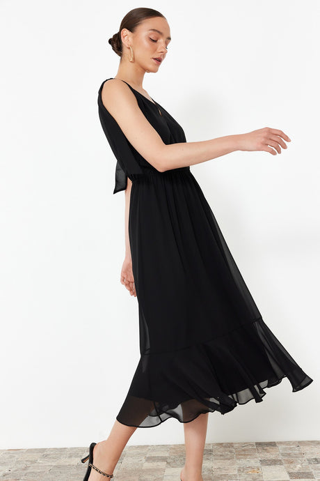 Black A Cut Waist Elastic Chiffon Lined Maxi Woven Dress Twoss24el00804