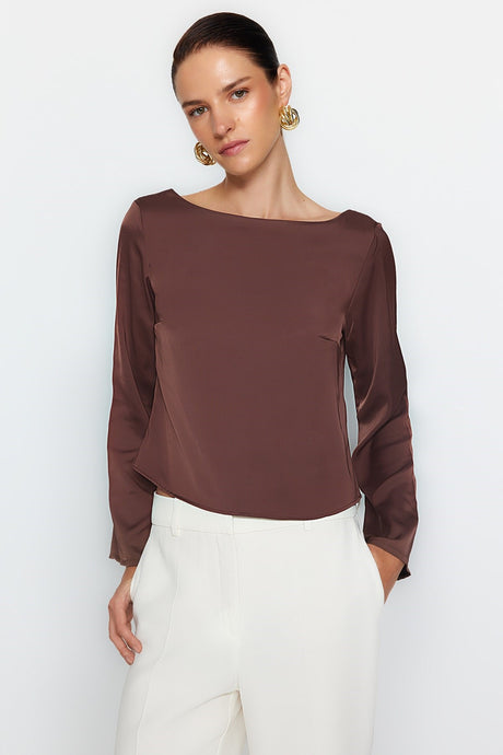 Brown Satin Woven Back Detailed Blouse Twoaw24bz00286