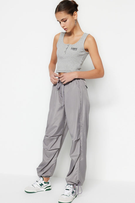 Grey Belt Woven Parachute High Waist Woven Pants Twoss23pl00317