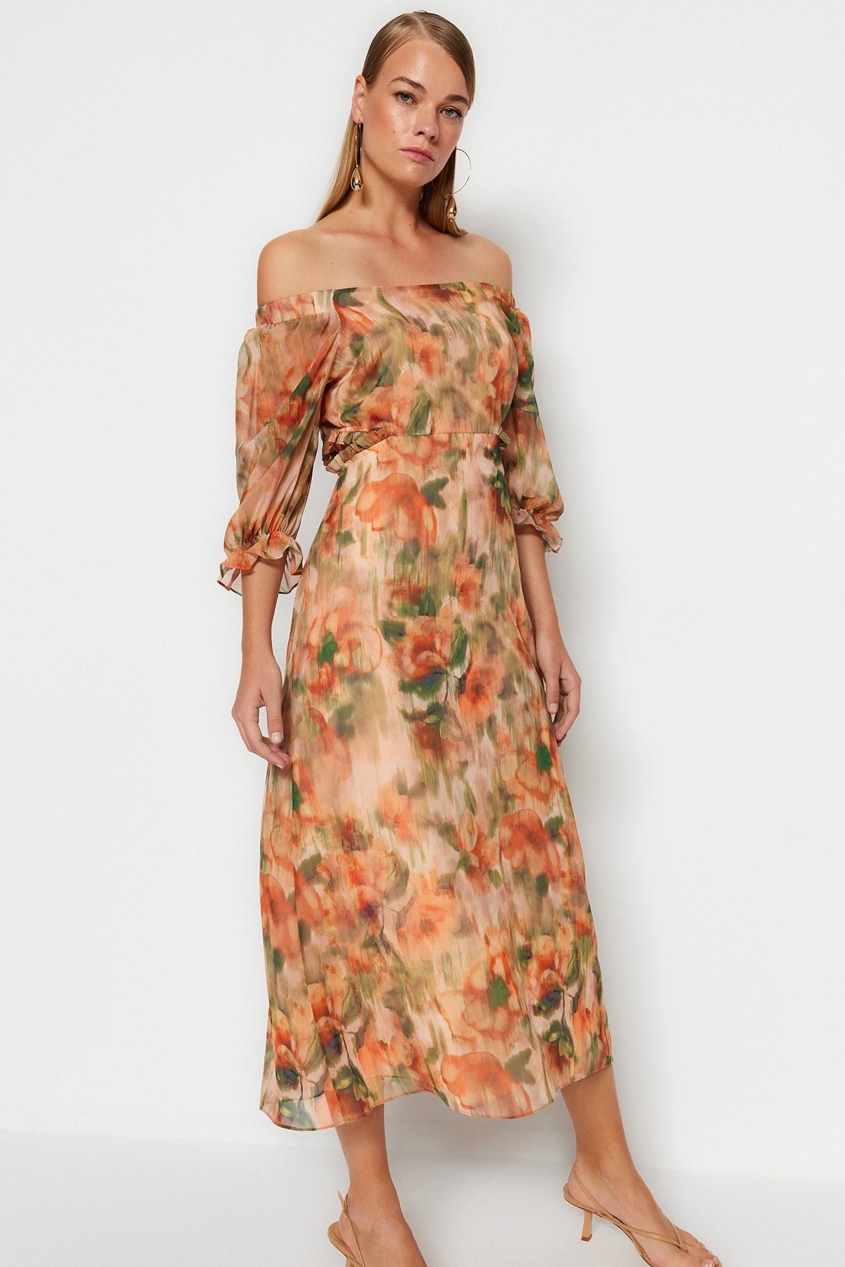 Orange Floral Carmen Collar A Cut/bell Form Chiffon Maxi Lined Woven Dress Twoss23el02422