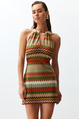 Geometric Pattern Mini Knitted Cut Out/window Knit Look Beach Dress Tbess24el00000