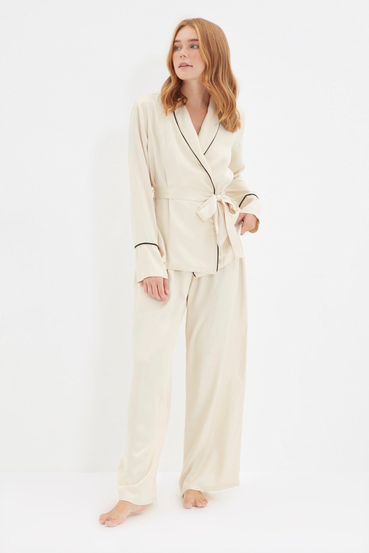 Beige Biye Detailed Viscose Woven Pajama Set Thmaw22pt1109