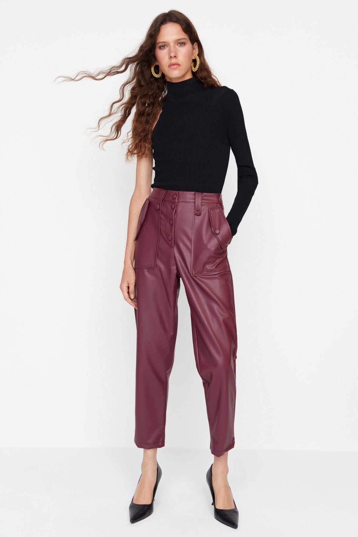 Black Carrot Woven Front Button Faux Leather Pants Twoaw22pl0083