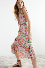 Yellow Floral Print A Cut Midi Lined Chiffon Woven Dress Twoss23el01840