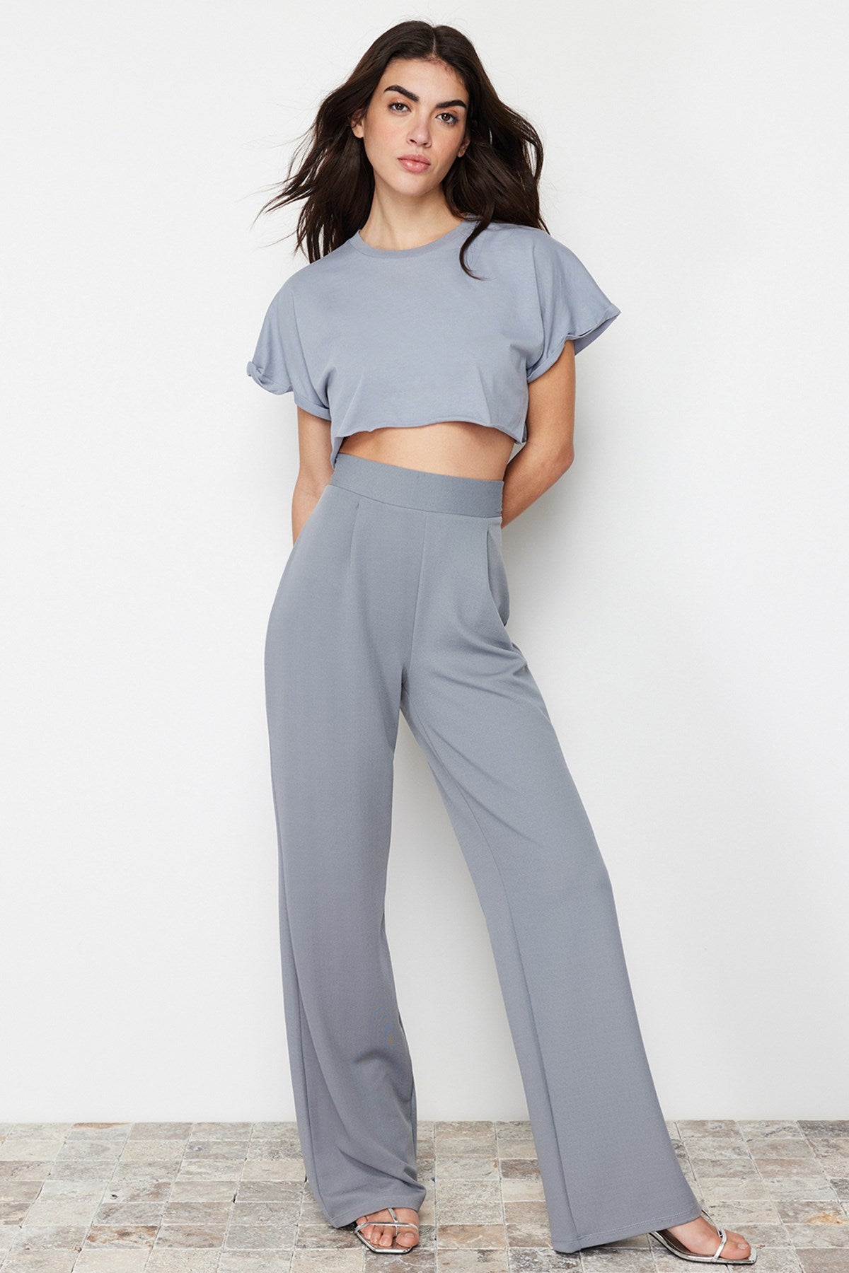 Gray Pleated Wide Leg/casual Cut Pants Twoss24pl00038