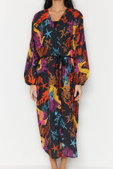 Underwater Pattern Belted Maxi Woven 100% Cotton Kimono&kaftan Tbess23km00063