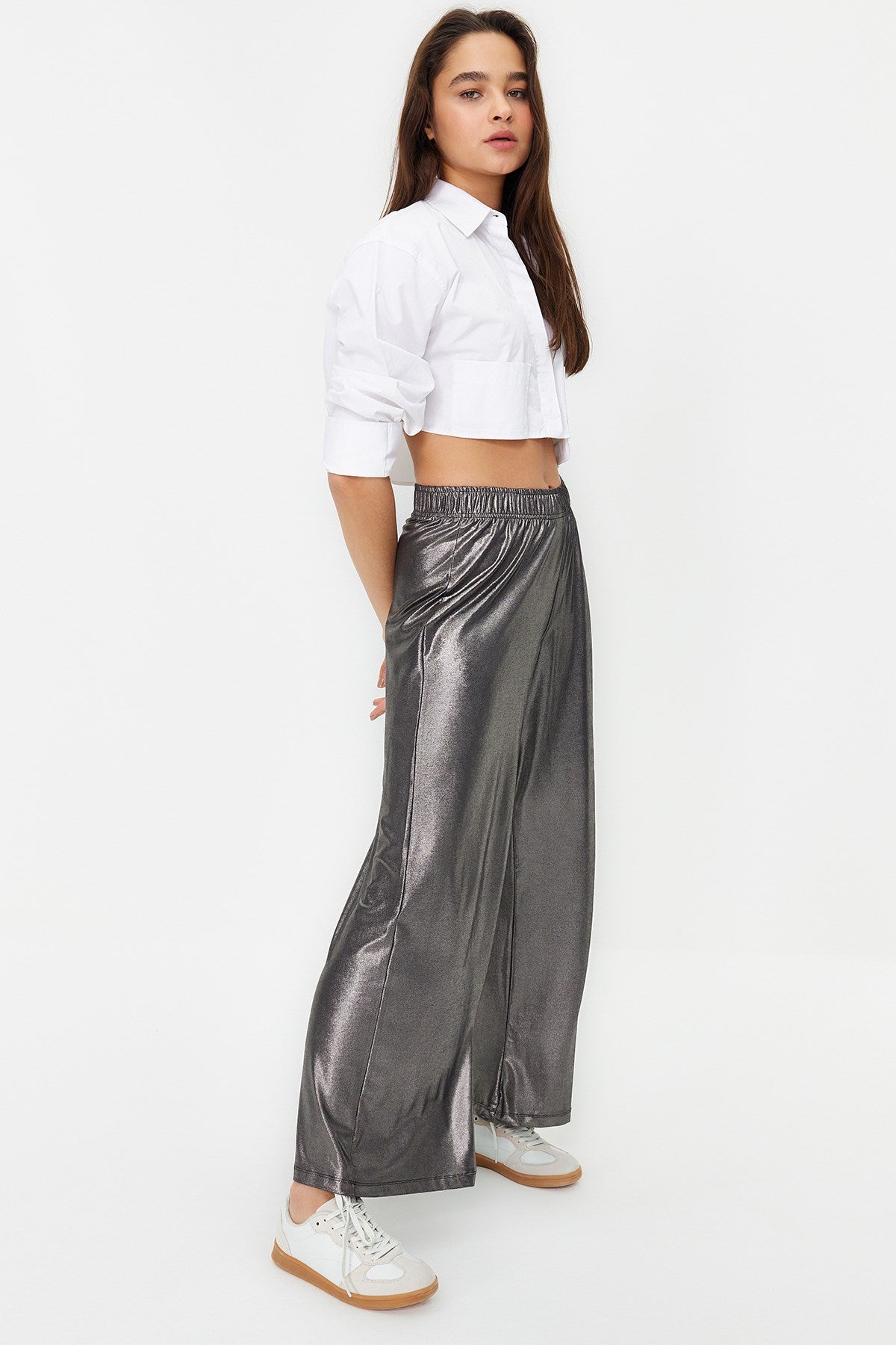 Anthracite Foil Printed Wide Leg/wide Cut Flexible Knit Pants Twoss24pl00031