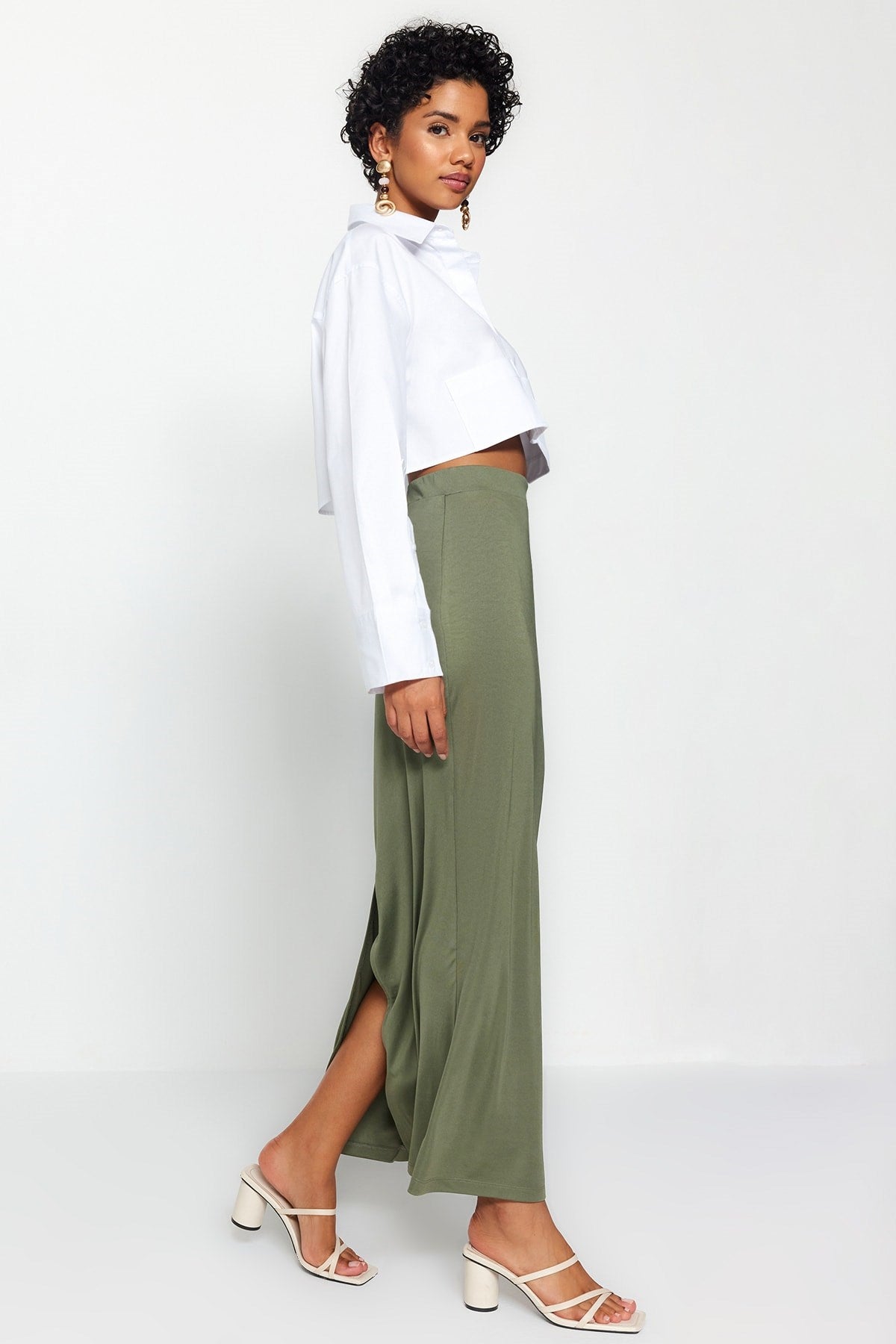 Khaki Maxi High Waist Flexible Knit Skirt Twoss23et00372