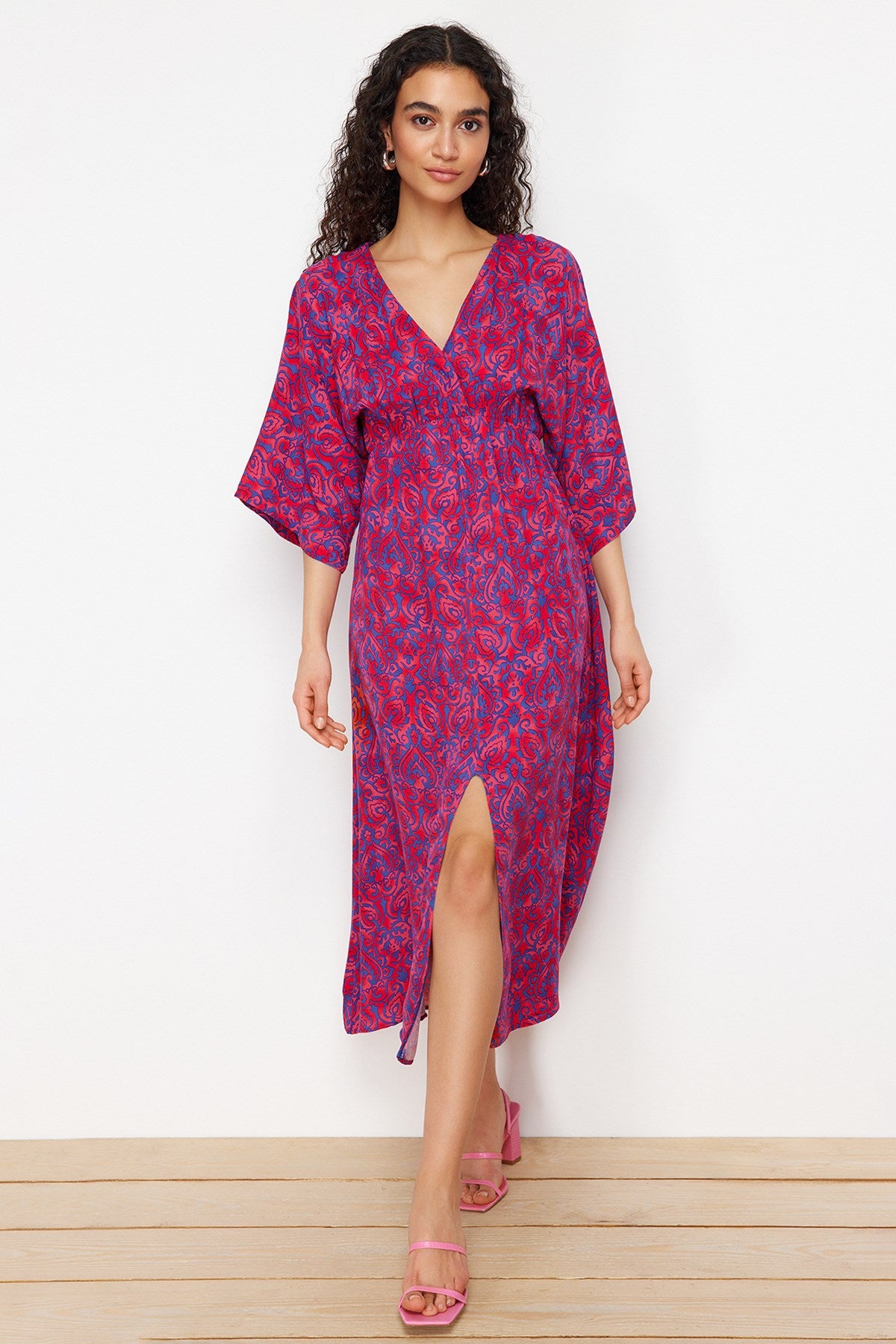 Fuchsia Floral Print A Cut Double Neck Midi Woven Dress Twoss24el00913