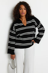 Navy Blue Striped Knitwear Sweater Tbbaw24an00013