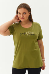 Women's Green Plus Size Cotton Letter Printed Short Sleeve Sport&casual T-shirt 0276 Tb22wl07s0276-1