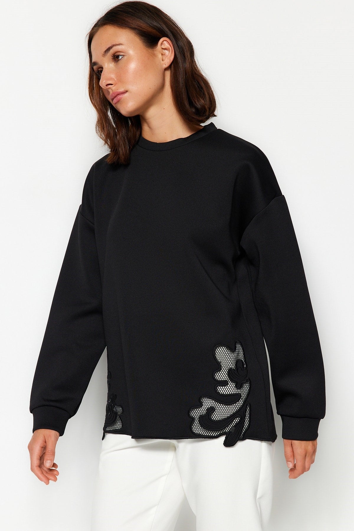 Ecru Lace Detailed Diver/scuba Knitted Sweatshirt Tctaw24tw00008