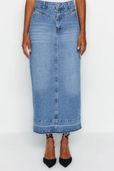 Blue Slit Waist Detailed Maxi Denim Skirt Twoaw24et00065