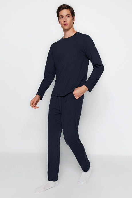 Men's Black Regular Fit Knitted Sleepwear Set Tmnaw24pt00008