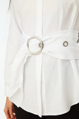 White Belted Buckle Detailed Woven Cotton Shirt Twoaw20go0099