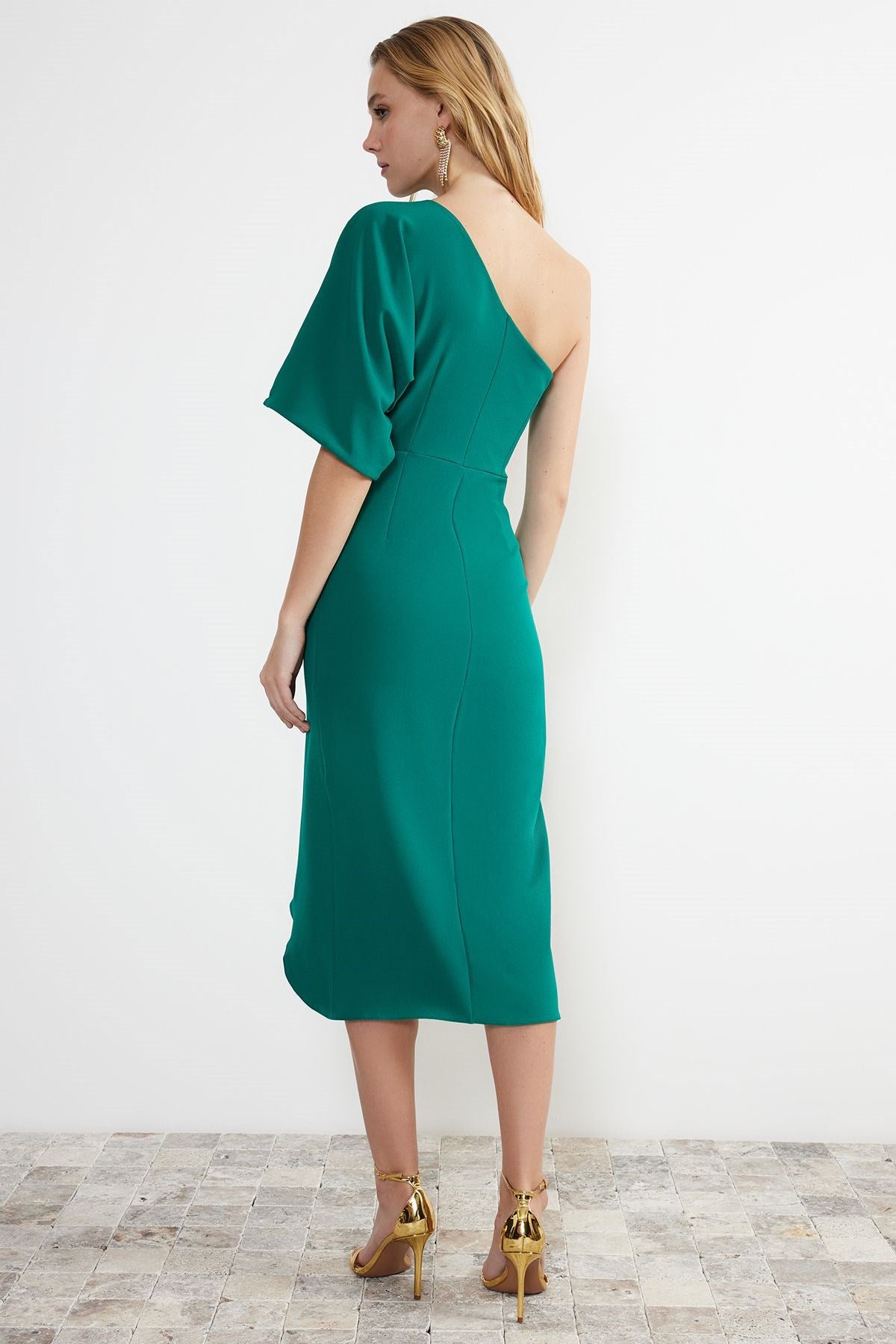 Emerald Green Waistband/skater Woven Midi Dress Tprss24el00028