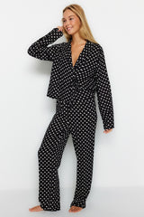 Powder Heart Pattern Drawstring Detailed Shirt-pants Woven Sleepwear Set Thmaw22pt0300