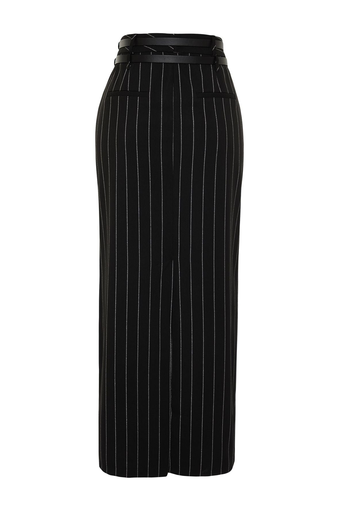 Limited Edition Black Striped Long Belted Skirt Tprss24et00009