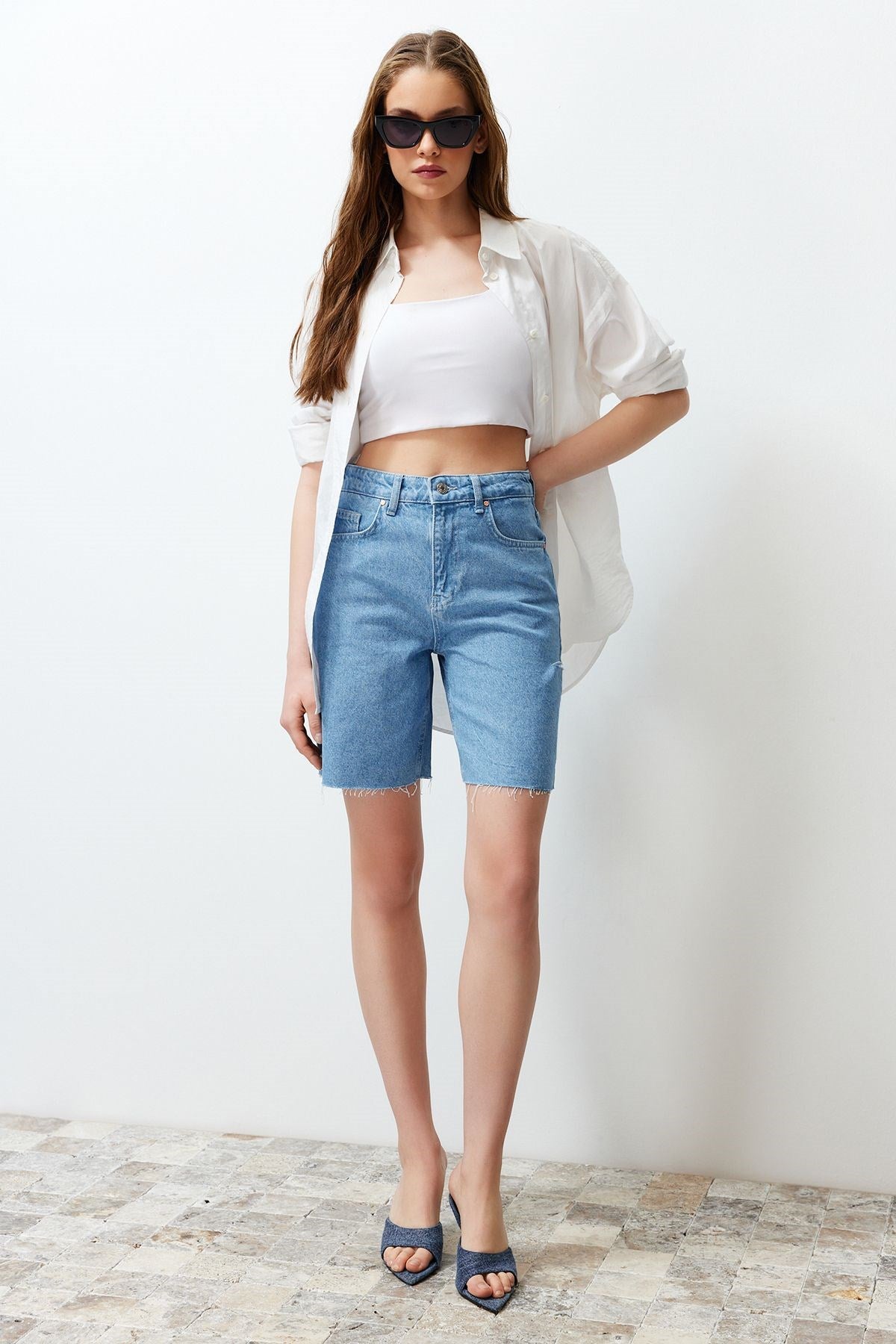 Light Blue Ripped High Waist Denim Shorts & Bermuda Twoss24sr00063